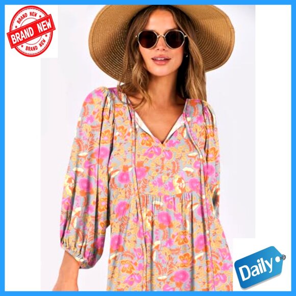 Boho Maxi Dress Flowy Swing V Neck Puff Sleeve Floral Print Casual Elegant - Picture 3 of 7